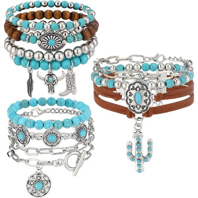 3-Pack Bohemian Faux Leather Multi-Layered Wrap Bracelets with Circle Design, Western Jewelry for Women & Men