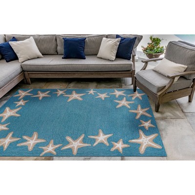 Aqua Starfish Border Hand-Tufted Indoor/Outdoor Rug 42"x66"