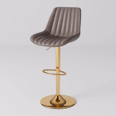 Adjustable Grey Vegan Leather Swivel Bar Stools with Gold Base - Set of 2