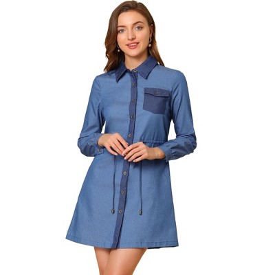 INSPIRE CHIC Women's Drawstring Waist Turn Down Collar Long Sleeve Chambray Shirt Dress
