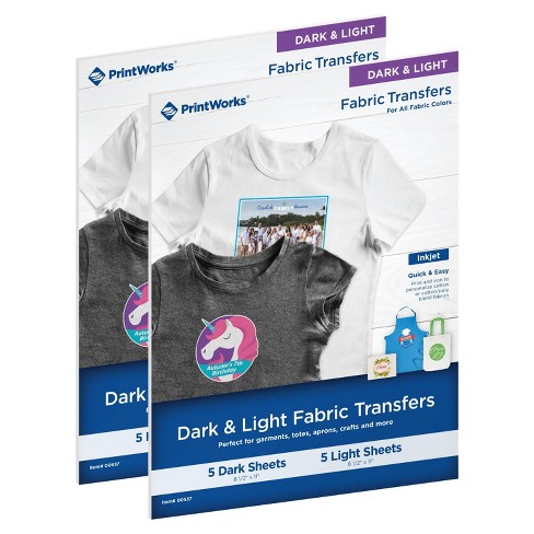 Printworks Dark & Light T-Shirt Transfers for Inkjet Printers, 5 Dark Sheets/5  Light Sheets, 10 Sheets Total, 8 ½” x 11” (00537)