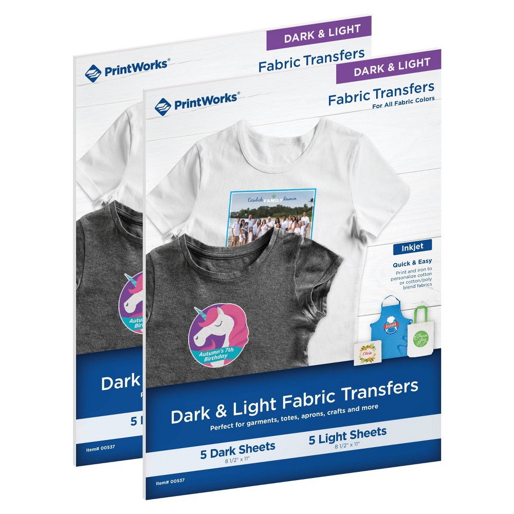 2pk 10 Sheets/Pack White & Dark T-Shirt Transfers Bundle for Inkjet 8.5"x11" - PrintWorks: Printable Iron-On Transfers