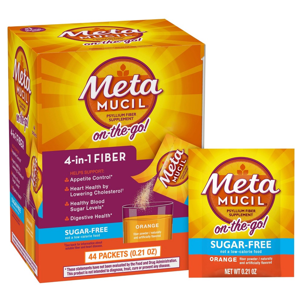 Metamucil Psyllium Fiber Supplement  On-the-Go  4-in-1 Fiber  Sugar-Free  Orange  44 - 0.21 Oz Powder Packets