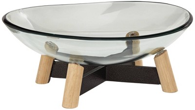 Clear Tempered Glass Decorative Bowl with Iron Base and Pine Wood Legs