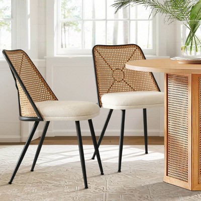 Rattan Back Dining Chair Set of 2,Double Upholstered Boucle Kitchen Dining Chair With Metal Legs,Indoor Furniture-Tanpinhause