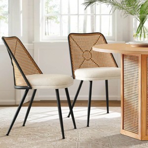 Rattan Back Dining Chair Set of 2,Double Upholstered Boucle Kitchen Dining Chair With Metal Legs,Indoor Furniture-Tanpinhause - 1 of 4
