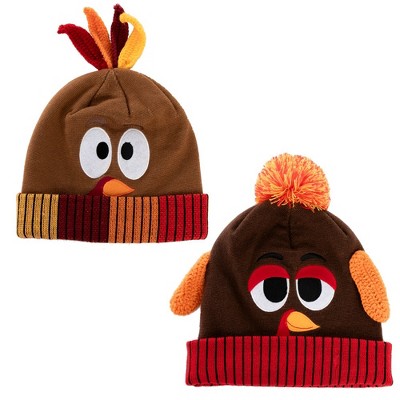 Joyfy 2 Pcs Thanksgiving Pom Pom Beanie Hats for Turkey Trots Dress Up Party, Role Play and Carnival Cosplay, Thanksgiving Costume Accessory