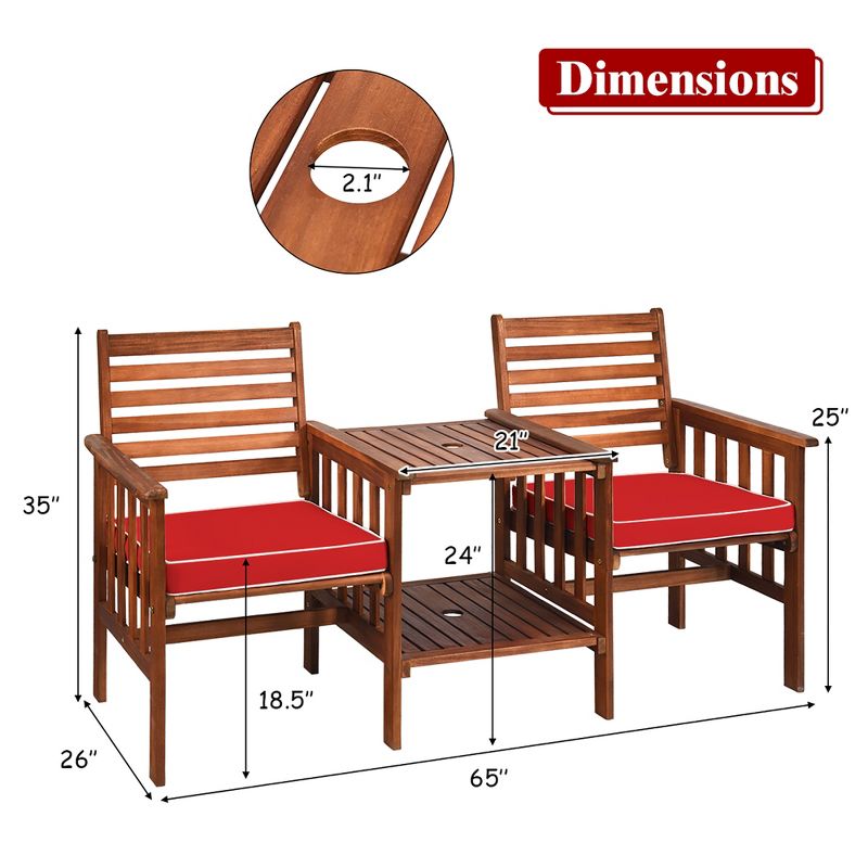 Costway Patio Loveseat Conversation Set Acacia Wood Chair Coffee Table Cushioned White\ Red, 3 of 11