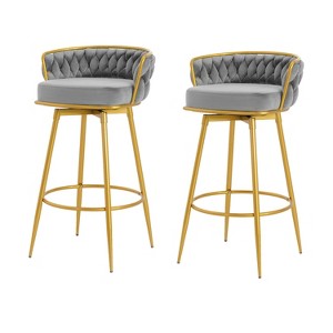 Lyngins Swivel Bar Stools Set of 2 with Woven Backrest,Upholstered Kitchen Chairs with Metal Legs,Velvet Counter Stools for Kitchen Island - 1 of 4