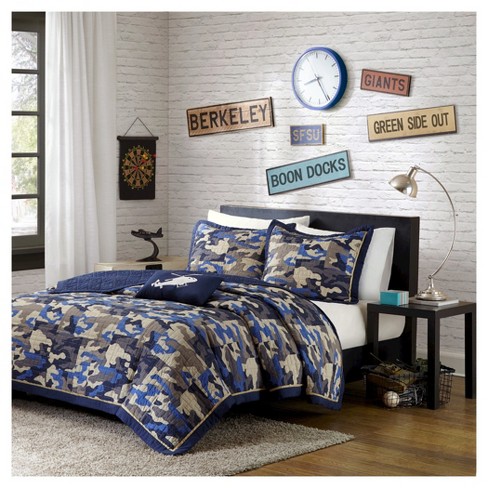 Liam Camouflage Print Quilted Coverlet Set Blue