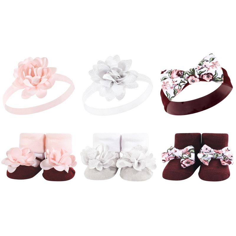 Hudson Baby Infant Girl 12Pc Headband and Socks Giftset, Pink Burgundy, One Size, 2 of 3