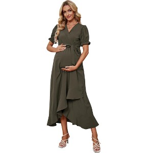Women's Maternity Wrap Maxi Dress with Belt - Short Puff Sleeve V-Neck Ruffle Hem Pregnancy Dress - 1 of 4