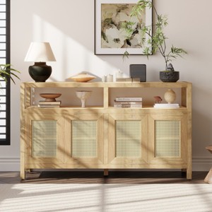 Boho Rattan Sideboard Buffet Cabinet, Solid Wood Frame Accent Storage Cabinet with Push-to-Open Doors and Adjustable Shelf - Panipeachy - 1 of 4