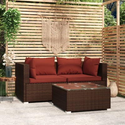 vidaXL Patio Furniture Set 3 Piece with Cushions Brown Poly Rattan