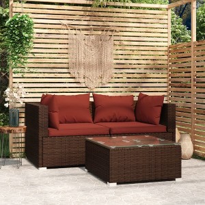 vidaXL Patio Furniture Set 3 Piece with Cushions Brown Poly Rattan - 1 of 4