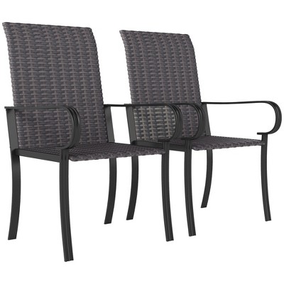 Outsunny Outdoor Wicker Dining Chairs, All-Weather Rattan Armchairs with Armrests, Steel Frame, High Back and Deep Seating