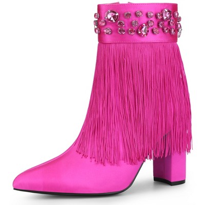 Perphy Women's Zip-up Pointed Toe Fringe Crystal Block Heel Ankle Boots