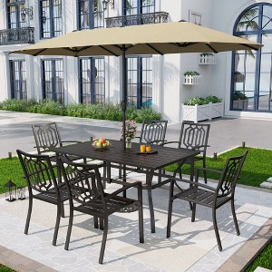 Captiva Designs 8pc Outdoor Rectangle Steel Dining Table & Stackable Metal Chairs & Beige Umbrella - 1 of 4