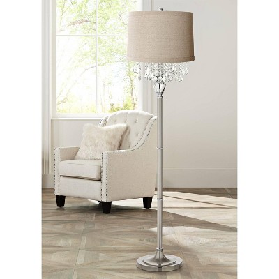 Elegant Silver Crystal Floor Lamp with Beige Fabric Drum Shade