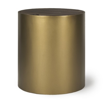 HomeRoots 22" Antiqued Gold And Brown Metal And Solid Wood Drum End Table With Storage