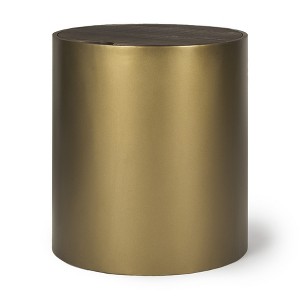 HomeRoots 22" Antiqued Gold And Brown Metal And Solid Wood Drum End Table With Storage - 1 of 4