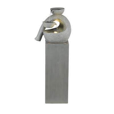 LuxenHome Gray Resin Modern Sculpture Pedestal Outdoor Fountain with Lights