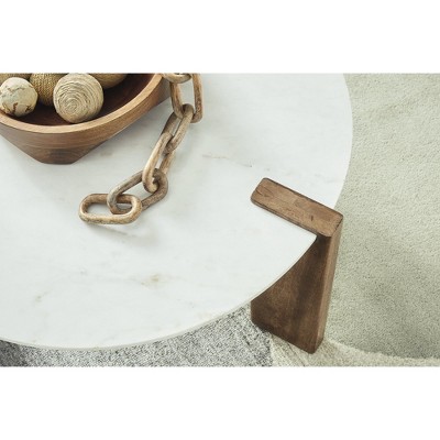 Round White Marble Top Coffee Table with Brown Wood Base