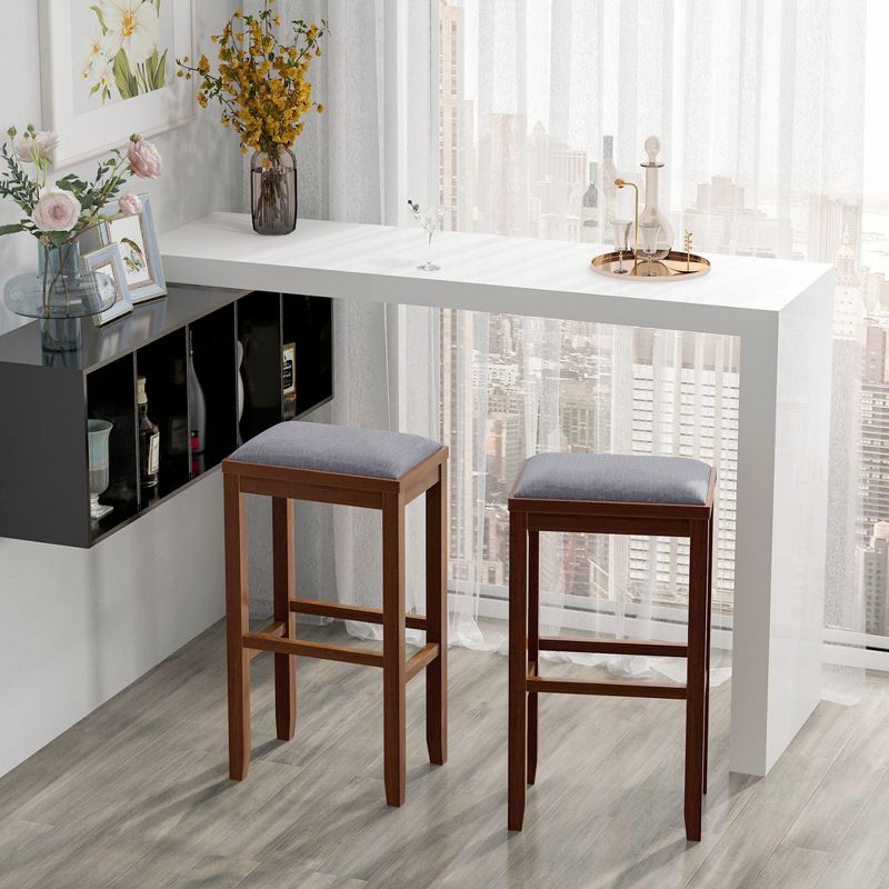 Costway Set of 2 Upholstered Bar Stools Wooden Counter Height Dining Chairs Brown, 2 of 10