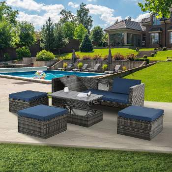 5-piece All-weather PE Wicker Patio Sectional Sofas With Plywood Coffee Table - Maison Boucle