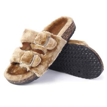 Womens Adjustable Open Toe Slipper with Cozy Lining,Faux Fur Cork Slide Sandals for Indoor Outdoor- Camel,US 9
