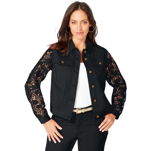 Jessica London Women's Plus Size Lace Sleeve Denim Jacket, 16 W - Black :  Target