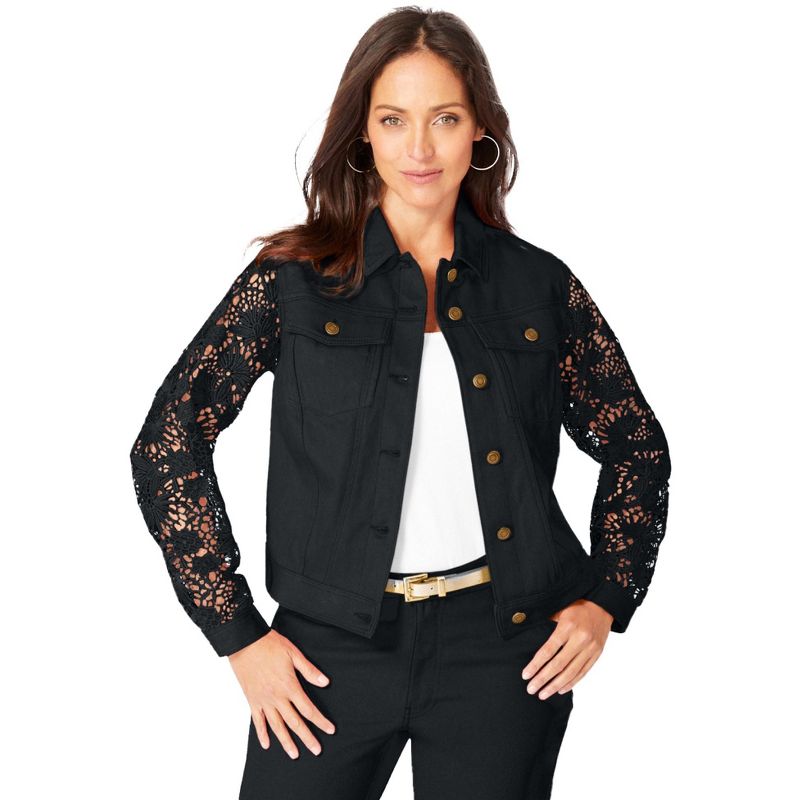 Jessica London Women's Plus Size Lace Sleeve Denim Jacket, 1 of 2