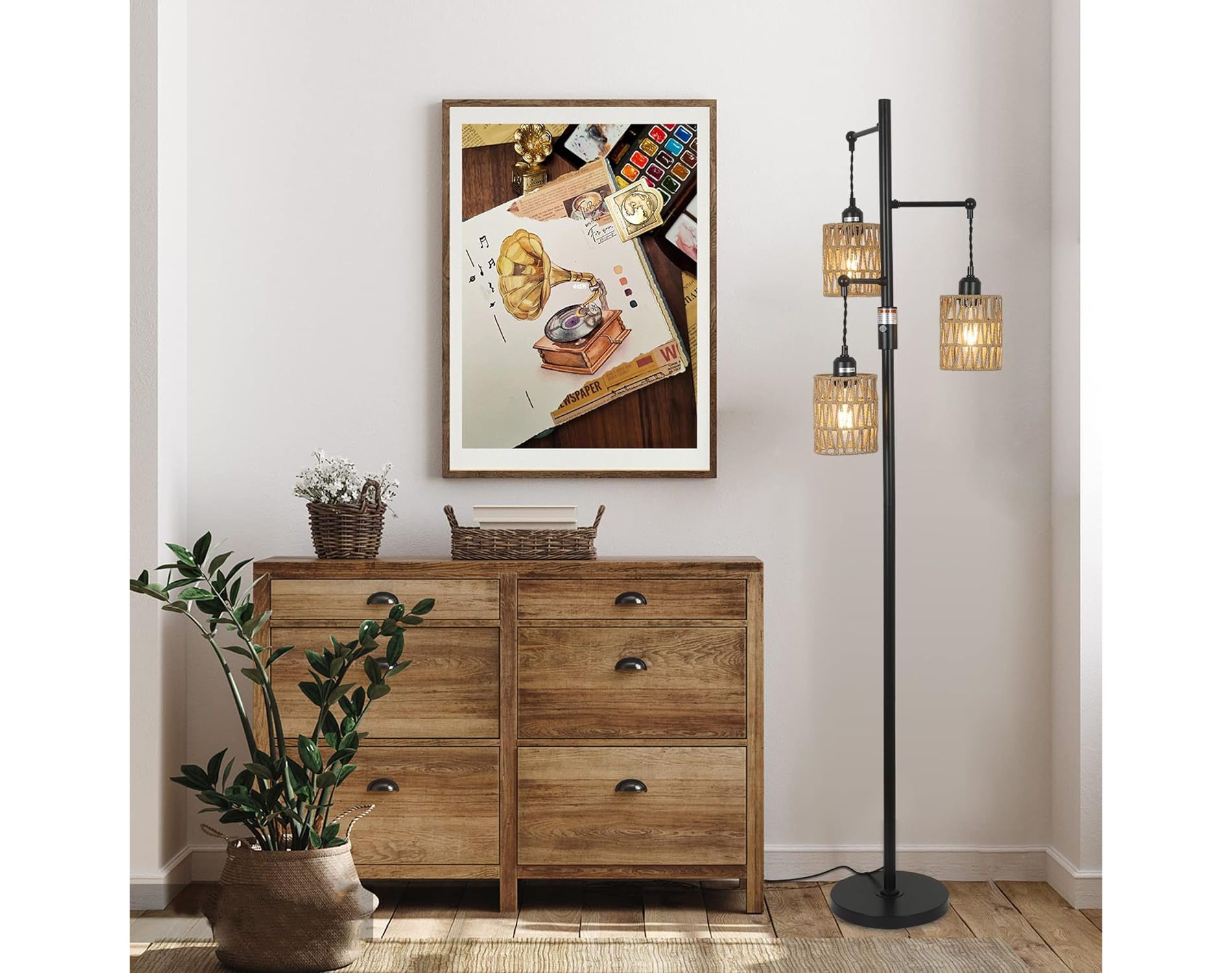 GDFStudio Rio Boho Metal Floor Lamp with 3 Rattan Lampshades, Brown/Black