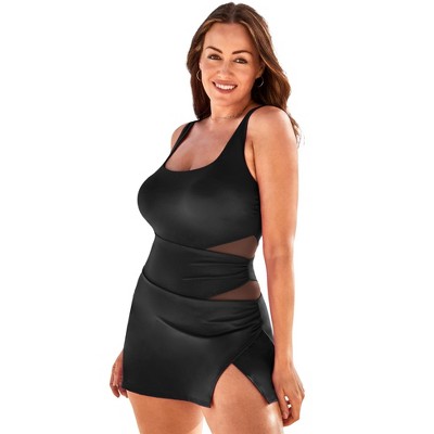 Swimsuits for All Women's Plus Size Square Neck Mesh Cut Out Swimdress