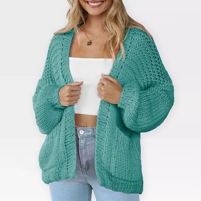 Women's Sweater Knit Cardigan with Pockets - Open Front Cable Knit Chunky Thick Sweater for Comfy Winter Knitwear,Lake Green - S