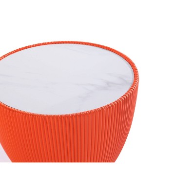 Orange Pleated Leatherette and Gold Metal Round Accent Table Set