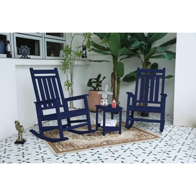 VYNXARIA All Weather Rocking Chair Set with Side Table,3-Piece Rocking Chair Set with Wood-Texture,Navy Blue(includes 2 Rocking Chairs and 1 Table)