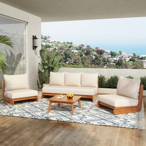 Christopher Knight Home Tavriel Mid-Century Modern Patio Acacia Wood 5-Seater Seating Set with Thick Cushions - 1 of 4