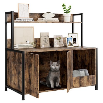 Litter Box Enclosure with Storage Shelf and Cat Claw Board, Large Hidden Cat Litter Box with Doors and Scratching Pad, Rustic Brown