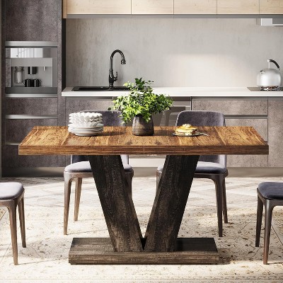 Okak Farmhouse Large Rectangular Dining Table with Sturdy Pedestal Base,Minimalist Kitchen Dinner Table for Dining Room,Breakfast Nook