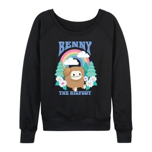 Women's - Squishmallows - Benny The Bigfoot Lightweight French Terry Wide Neck Long Sleeve Graphic Shirt - 1 of 4