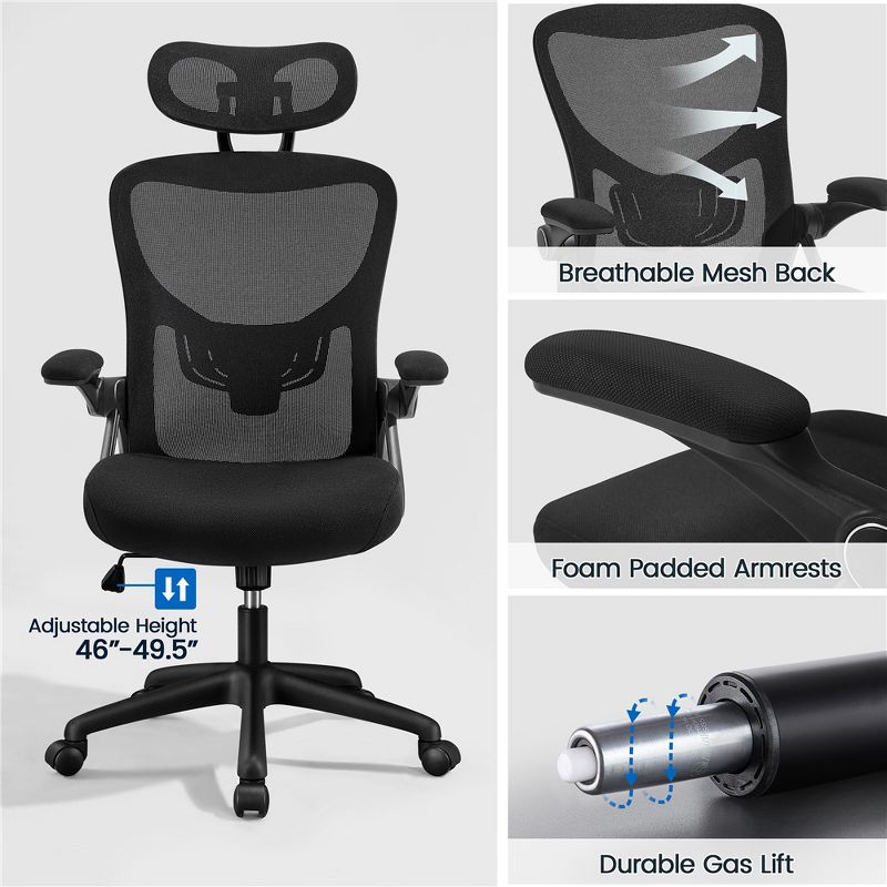 Yaheetech Adjustable High Back Mesh Office Chair with Folding Padded Armrests, 5 of 10