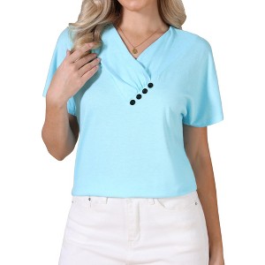 INSPIRE CHIC Women's Summer Short Sleeve Casual V Neck Pleated Button Tunic Tops - 1 of 4