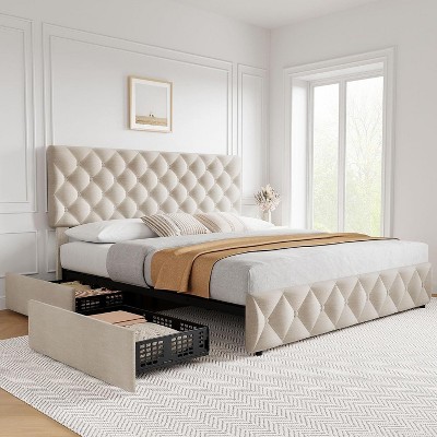 Jojoka Bed Frame with Headboard Adjustable,Upholstered Platform Bed Frame with 4 Drawers,Wooden Slats Supports