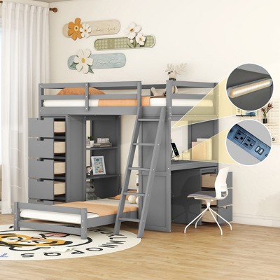 Grungis Twin over Twin Loft Bed with LED Light and USB Port,Bunk Bed with Drawers and Shelves and Desk,Loft and Bunk Bed for Bedroom