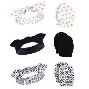 Hudson Baby Infant Girl Cotton Headband and Scratch Mitten 6pc Set, Xoxo, 0-6 Months - 1 of 1