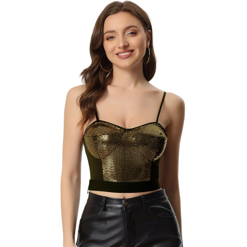 Allegra K Sequined Crop Top for Women's Spaghetti Strap Deep V Party Cami Top, 1 of 6