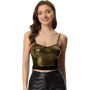 Allegra K Sequined Crop Top for Women's Spaghetti Strap Deep V Party Cami Top