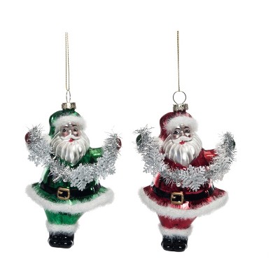 Transpac Glass Vintage Santa w/Tinsel Ornament Set of 2 Christmas Home Decorations