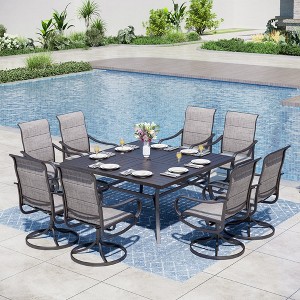 Captiva Designs 9pc Spacious Slat-top Square Metal Table with Umbrella Hole & Padded Textilene Swivel Chairs - 1 of 4